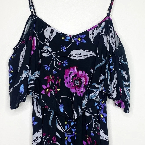 Express XS Floral Cold Shoulder Tank Dress Black Purple Blue Summer Vacation - Picture 6 of 9